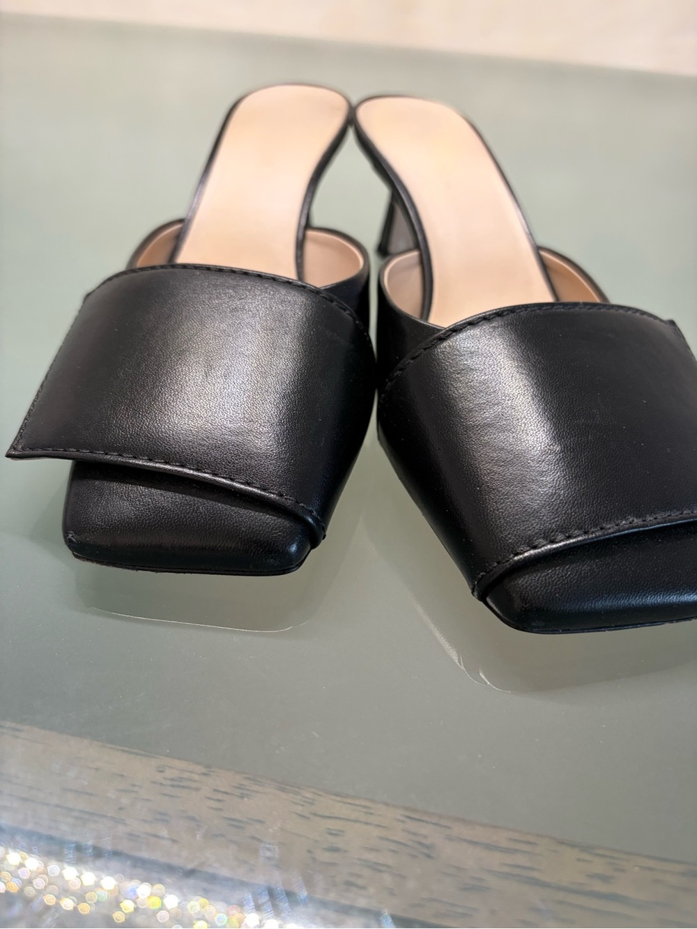 Wandler Black Leather Square-Front Mule Heels